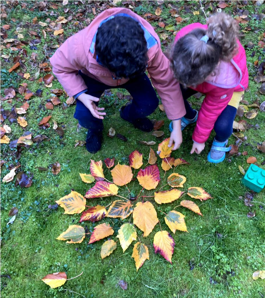 Enfant en train de faire du land art avec des feuilles
